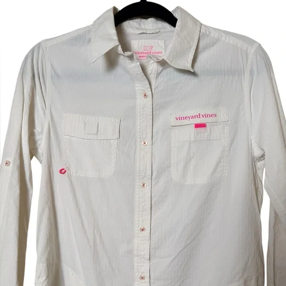 Vineyard Vines White Performance Shirt Dress with Pink Logo - Picture 2 of 10